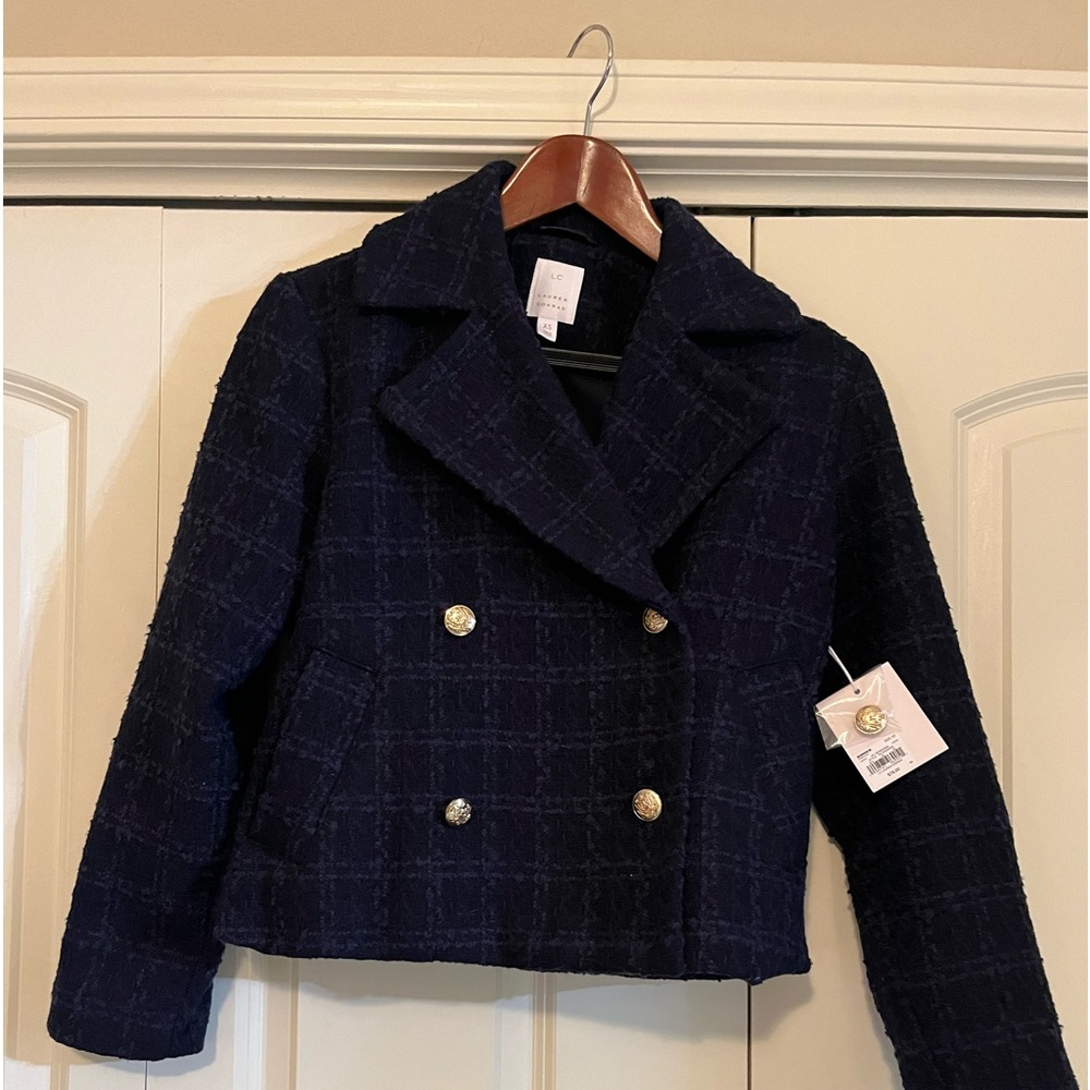 Lauren Conrad cropped tweed blazer. New with tags beautiful navy,  gold buttons.